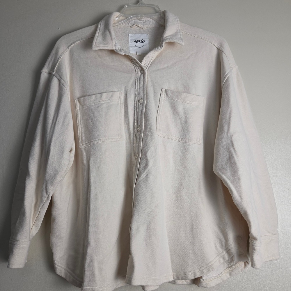 Aerie Women Cream French Terry Oversized Button Down Shacket Shirt Medium